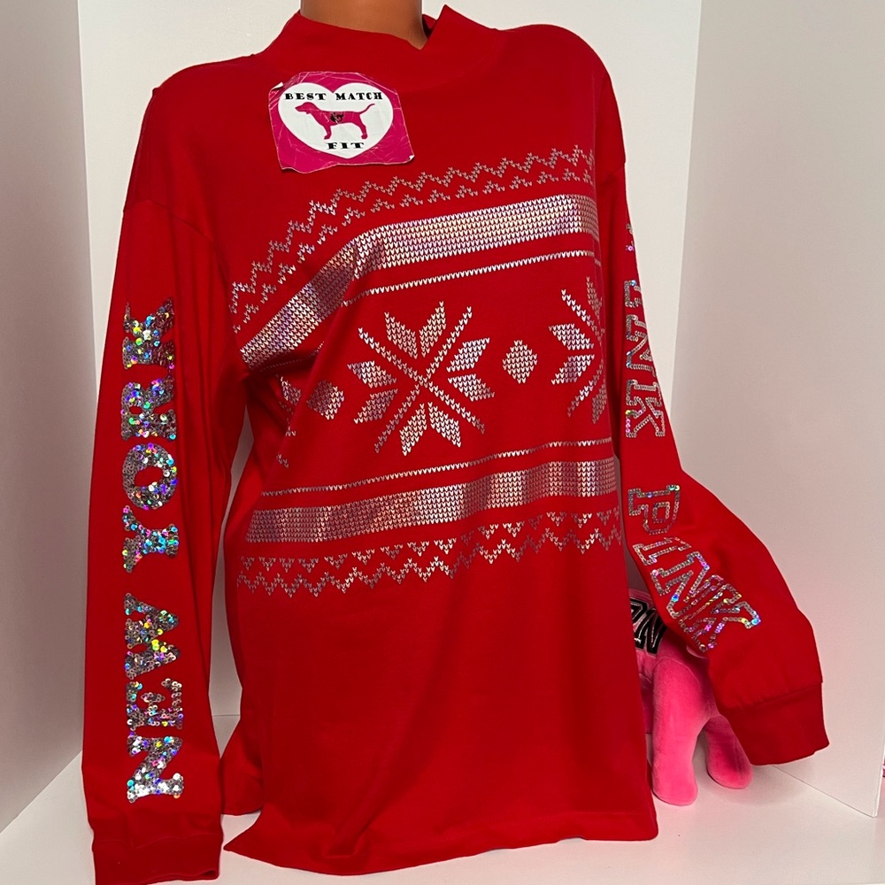 Victoria’s Secret PINK Logo XS S M L Sequin Long-sleeve Shirt Bling Christmas